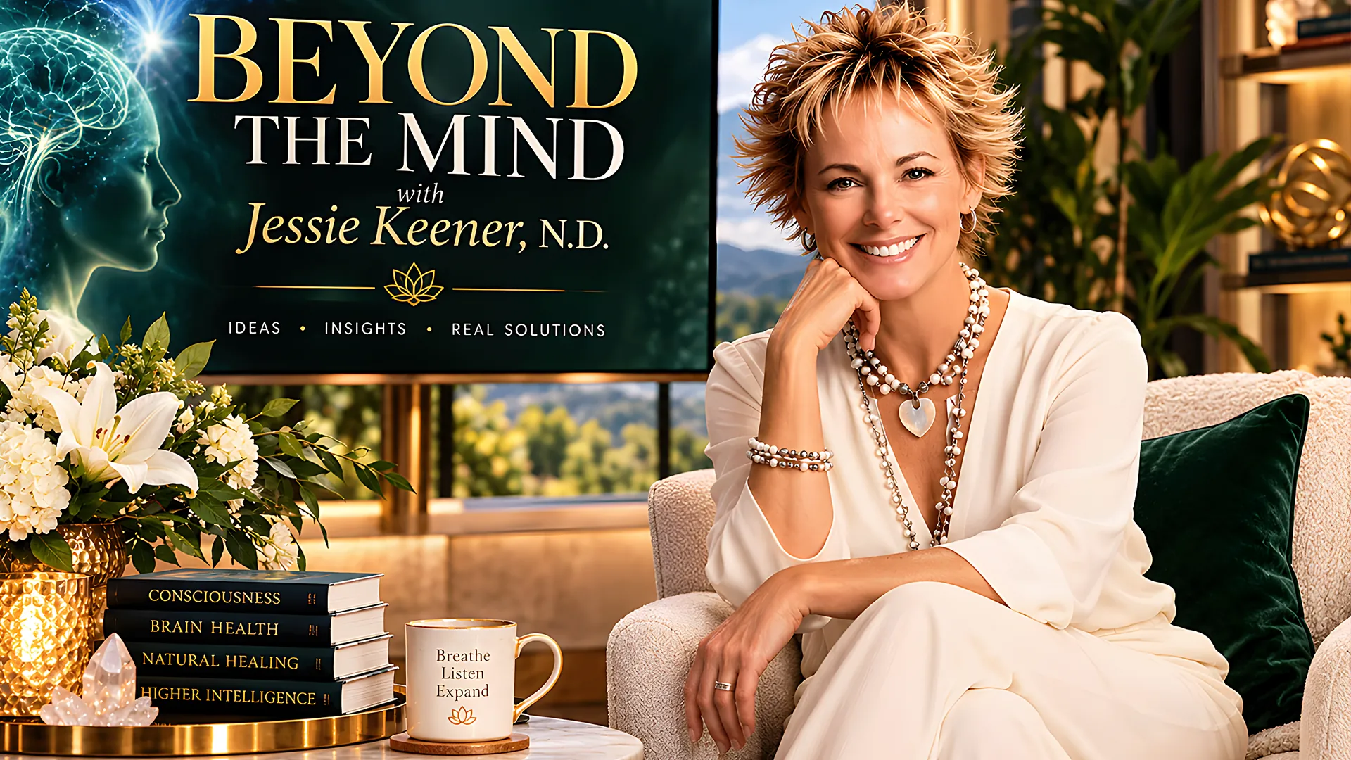 Beyond the Mind with Jessie Keener, N.D. Ideas, insights, real solutions. Jessie Keener seated in a studio beside books on consciousness, brain health, natural healing and higher intelligence.